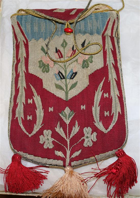 Aubusson style tapestry bag, bead bag & another